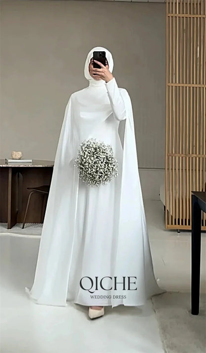 Modest White Muslim Wedding Dresses with Cape Customized Bride Dress Elegant Long Sleeves Woman Bride Civil Bridal Gowns