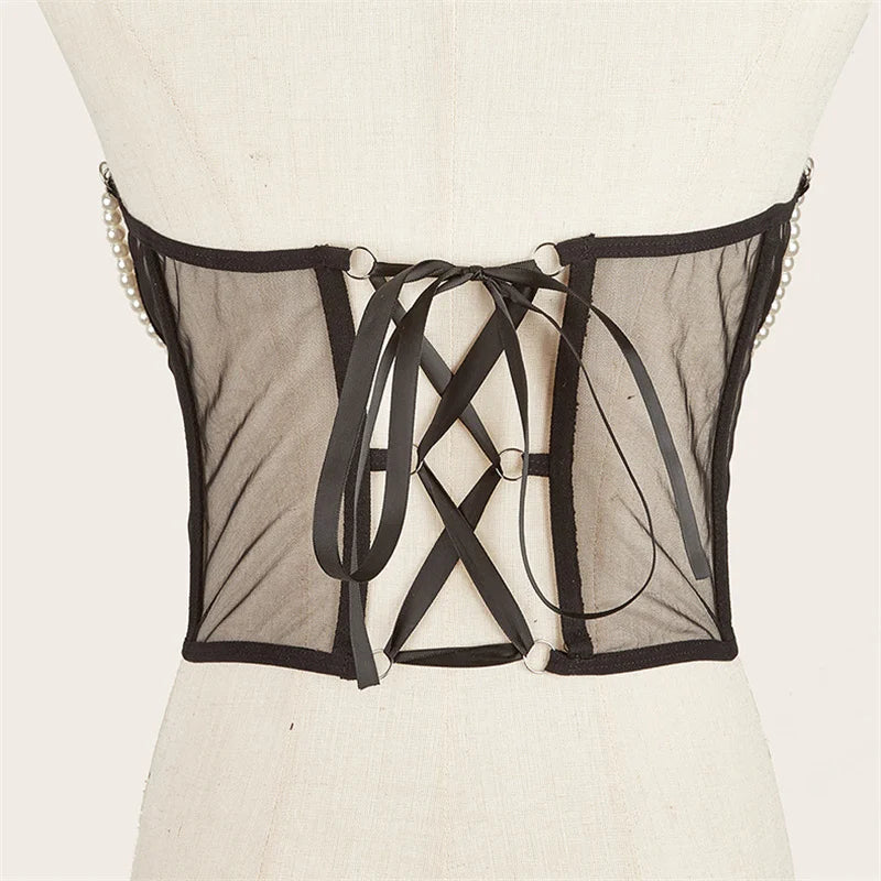 Pearl Chain Bustiers Tied Waspie Wide Belt Cinchers Underwire Lace-up Underbust Corset Bustier Corsets Tops Boned Corset