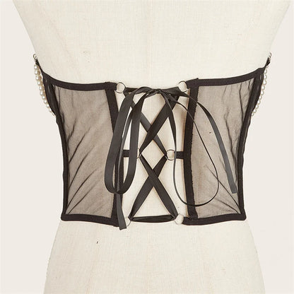 Pearl Chain Bustiers Tied Waspie Wide Belt Cinchers Underwire Lace-up Underbust Corset Bustier Corsets Tops Boned Corset