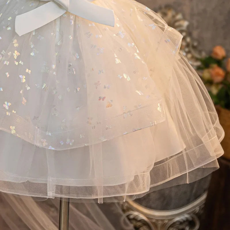 Vestido de Verão Novo com Laço e Bordado de Miçangas para Meninas, Saia Rodada Fofa, Vestido de Aniversário de Tule para Bebê Menina