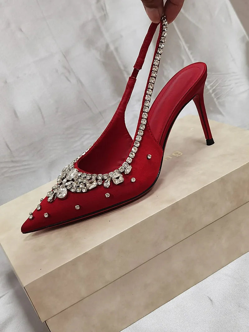 Luxury Diamonds Designer High Heels Women Satin Pointy Toe Pumps Rhinestone Sandals Female Shiny Sexy Wedding Dress Party Shoes