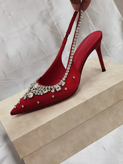 Luxury Diamonds Designer High Heels Women Satin Pointy Toe Pumps Rhinestone Sandals Female Shiny Sexy Wedding Dress Party Shoes