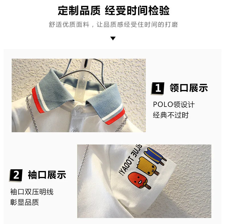 2-10 Years Kids Boys Clothes Set Summer Short Sleeve Cartoon Print Lapel T-shirt And Denim Shorts 2PCS Children Tracksuit Outfit