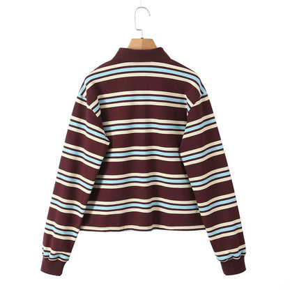 2025 Summer Ladies Polo Shirts Woman Long Sleeve Crop Top Striped Vintage Clothes Polo Shirts Mujer Streetwear Casual Tops Brown