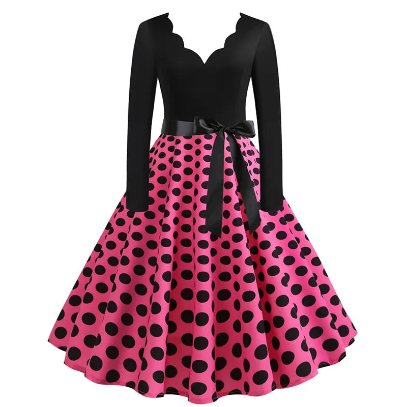 Women Vintage Long Sleeve Polka Dot Dress Spring Autumn New Year Party Dresses 3XL Black Vestidos