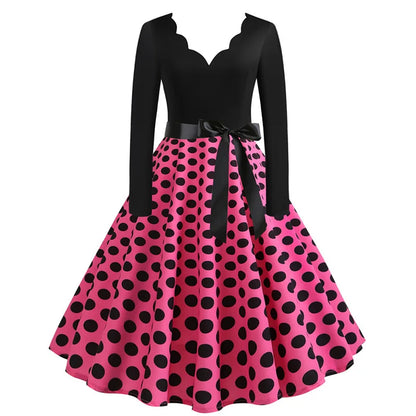 Women Vintage Long Sleeve Polka Dot Dress Spring Autumn New Year Party Dresses 3XL Black Vestidos
