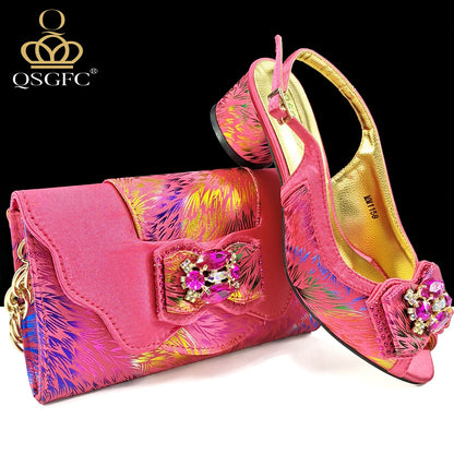 Italian Design Color Matching Rhinestone Comfortable High Heel Shoes And Bag Fashion Style Pointed-Toe Shoes For Women