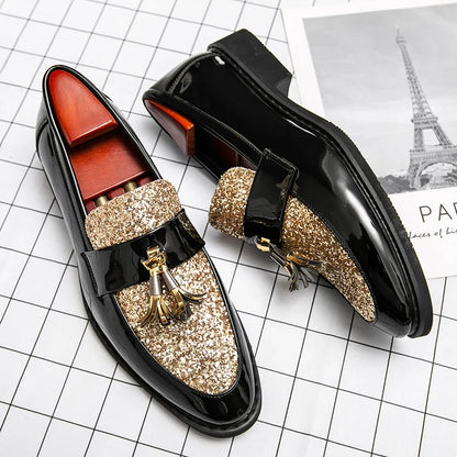 Men's Sequined Leather Dress Shoes – Shiny Formal Party Footwear, Black/Gold, EU 40–47