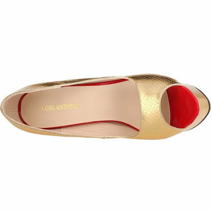 Women Sandals Sexy Pumps Patent Leather Platform Crocodile Pattern 14cm High Heels Peep Toe Stilettos Party Dress Wedding Shoes