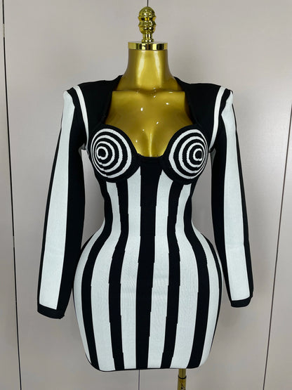 2025 Luxury Sexy Long Sleeve Stripe Black White Mini Bandage Dress Women Knitted Celebrity Elegant Evening Club Birthday Dresses