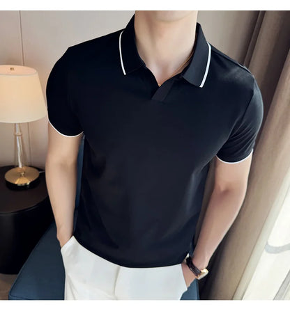 Business Casual Solid Color Men's Polo Shirt, 2024 Summer Classic, Men Short Sleeve V-neck T-shirt, Slim Fit Spliced Polo 4XL-M