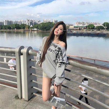 Camiseta Y2K Sexy Oversize Feminina Streetwear Estampada Manga Longa Básica Blusa Feminina Outono 2025 Inverno Coreana Moda Camisa Oversized