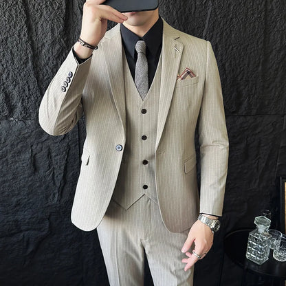 ( Blazer+Vest+Pants ) Groom Wedding Male Suit Luxury Brand Fashion Striped Men's Casual Business Office Double Breasted Suit