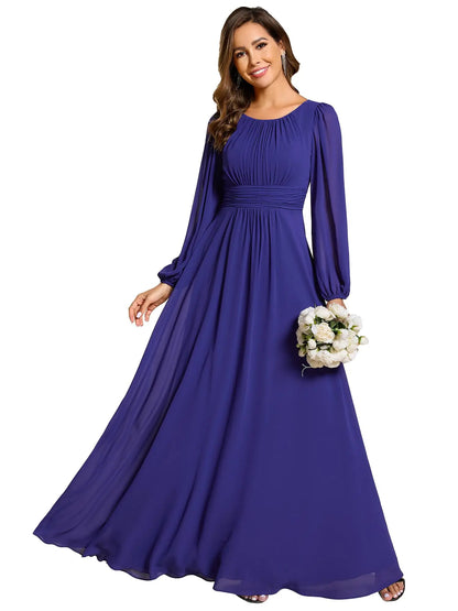 Women's Crewneck Lantern Sleeves Bridesmaid Dresses For Wedding Flowy A-Line Pleated Floor Length Chiffon Formal Evening Dresses