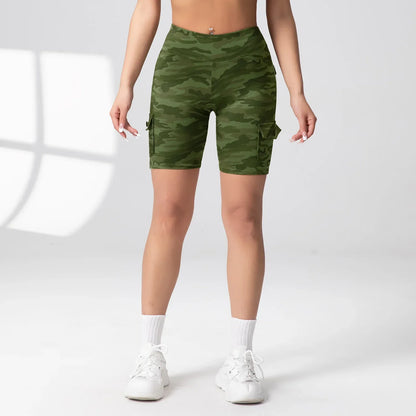 Camouflage Printed Women Shorts with Pockets Butt Lifting Tummy Tight Elastic Slim Outdoor Running Workout Shorts Streetwear