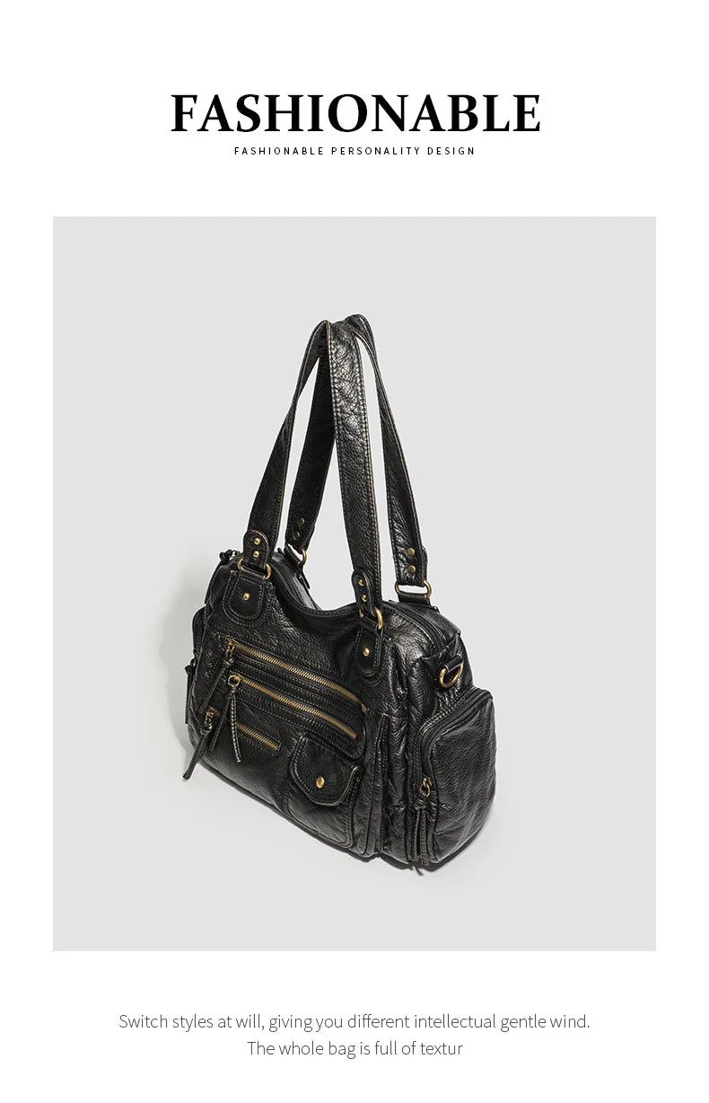 Y2K Hot Women's Punk Biker Tote Bag Large Capacity PU Leather Crossbody Purse with Multi Pockets for Work Commute Moto Style