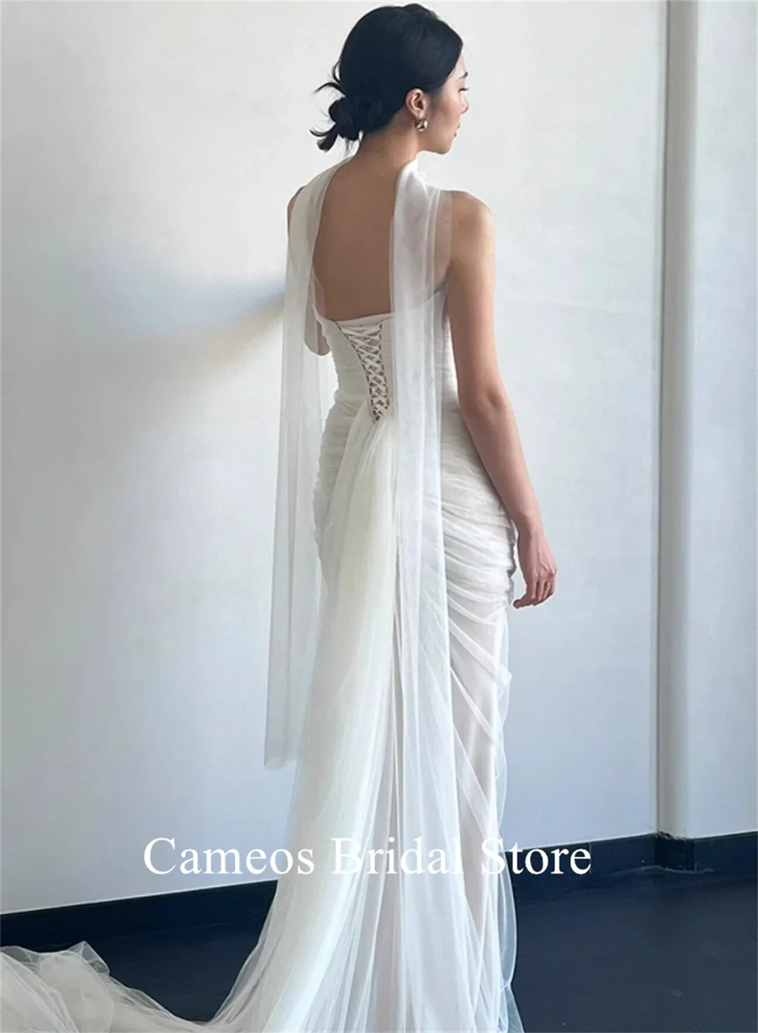 Strapless Tulle Korea Elegant Wedding Dress Customized Bride Dress 웨딩드레스 Mermaid Ruched Corset Ivory Wedding Gown Bridal