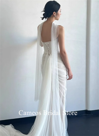 Strapless Tulle Korea Elegant Wedding Dress Customized Bride Dress 웨딩드레스 Mermaid Ruched Corset Ivory Wedding Gown Bridal