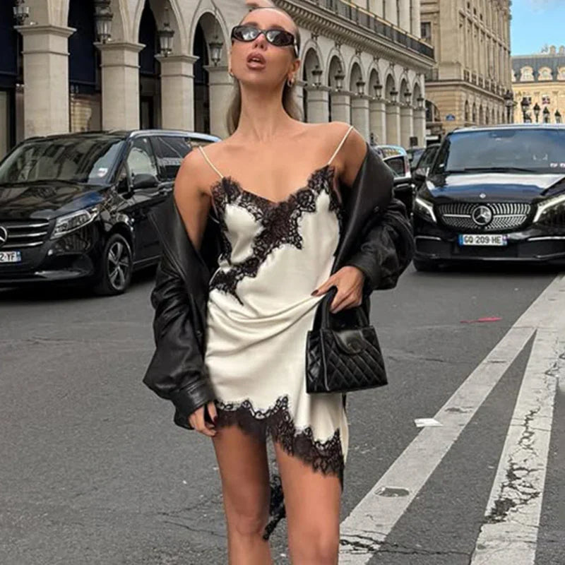 Lace Mini Spaghetti Strap Dress For Women Backless Slit Sexy Dress Evening Party Bodycon Female Elegant Dress High Waist