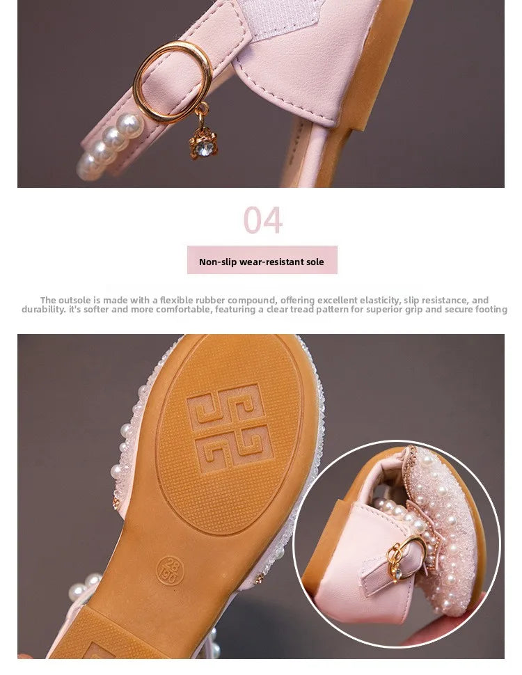 2026 Spring New Girl Sandals Cute Bow Pearl Sequins Kid Princess Shoes Flat Heels children Dancing 21-34