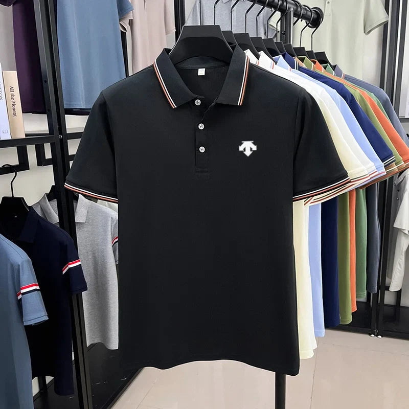 Men's Summer Solid Color Cool Breathable Luxury Polo Shirt Business Casual Collar T-shirt Short Sleeve Top