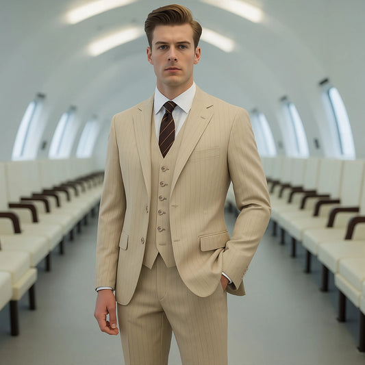 Men's 4-piece vertical striped pink suit - double button jacket+vest+pants+tie, suitable for wedding/business/daily wear