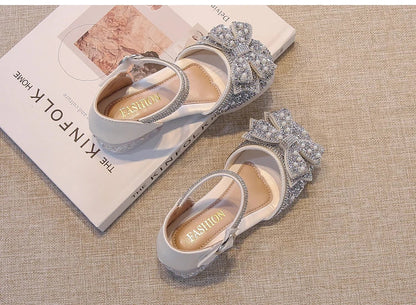 Kid's Sandals high Heels Pumps Rhinestone Bow Silver Party Breathable Shoes For Girl PU Leather Footwear for Kids Size 26-36