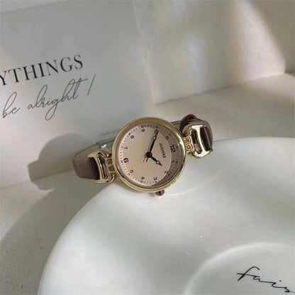 Simple Women's Watches Small Round Ladies Bracelet Watch PU Leather Thin Retro Quartz Wristwatch for Women Girls Gifts