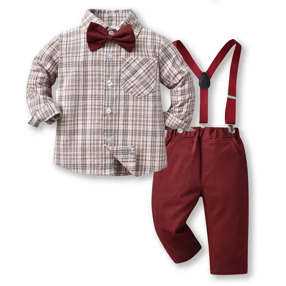 Boy Autumn Cotton Long Sleeve Plaid Shirt and Strap Pants Set Boys' Strap Pants Set Boy Red Pants and Shirts for 70cm-160cm