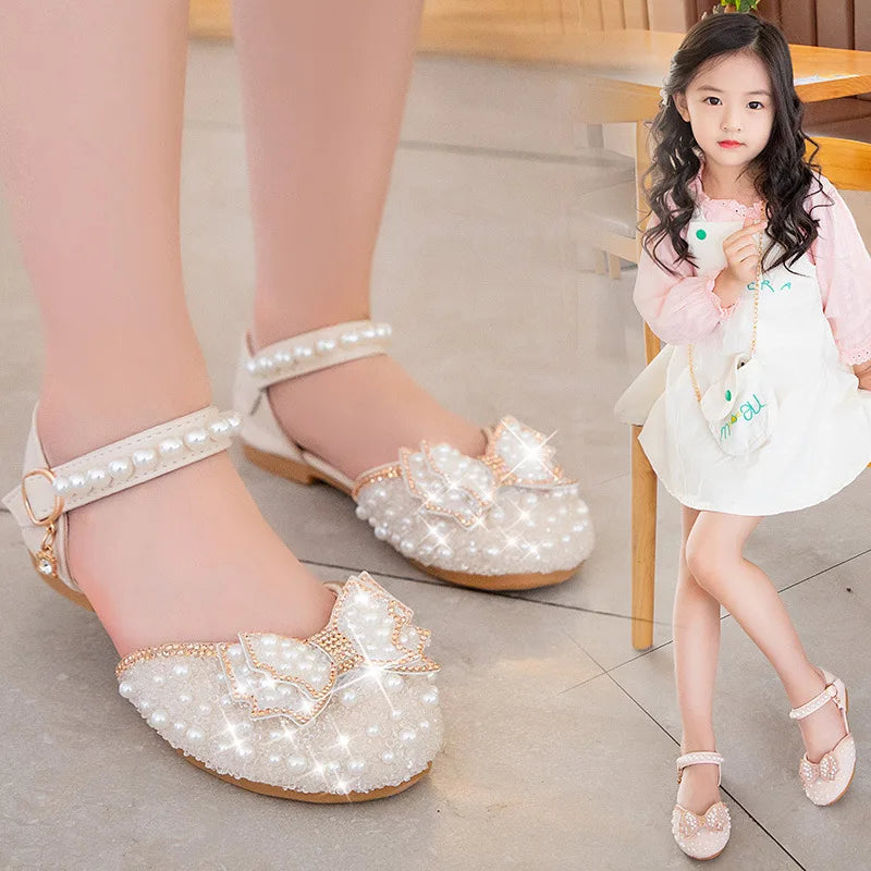 2026 Spring New Girl Sandals Cute Bow Pearl Sequins Kid Princess Shoes Flat Heels children Dancing 21-34