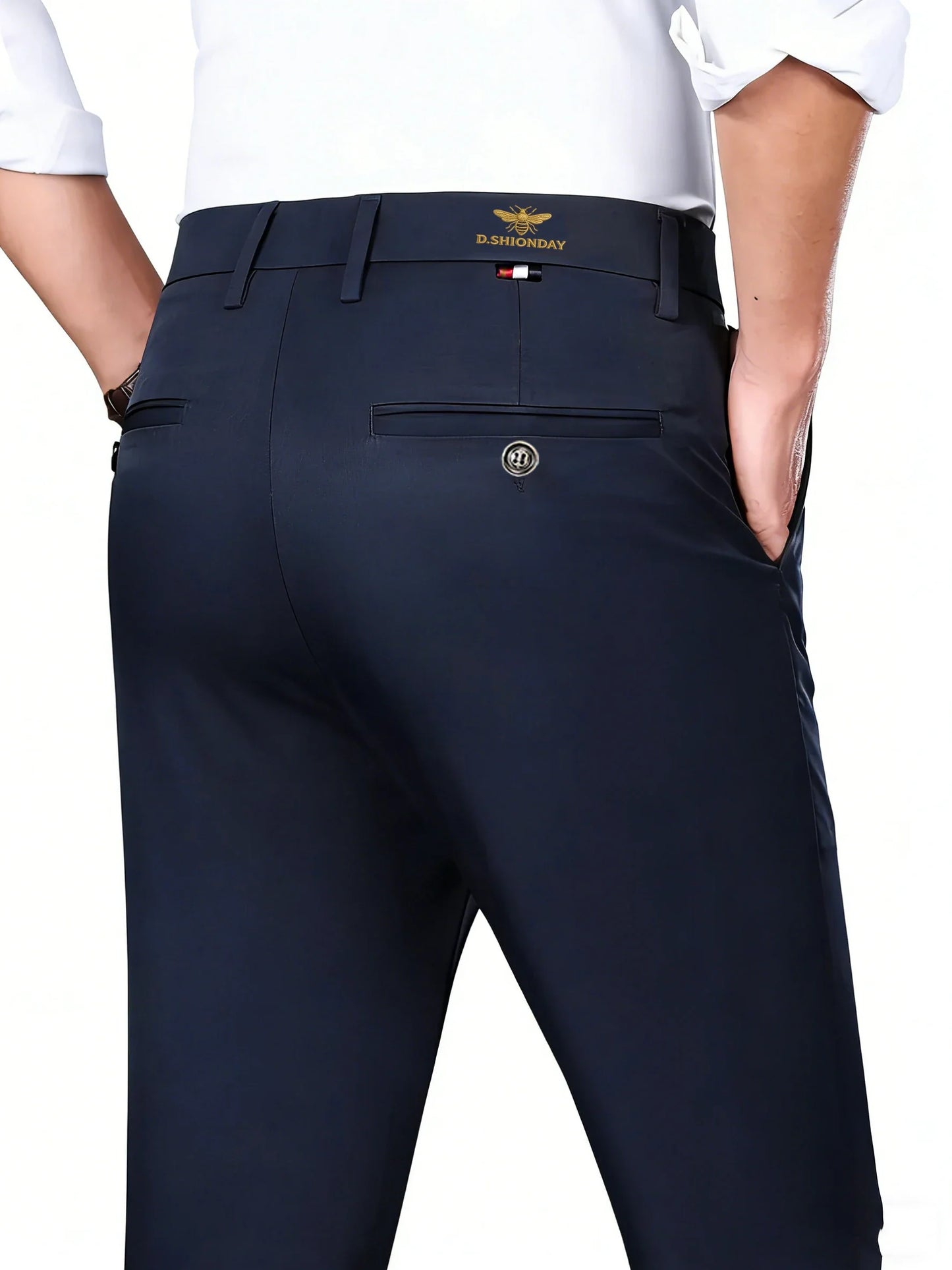Men's Luxury Bee Logo Waistband Business Casual Pants High Elastic Slim Fit Formal Trousers for Office