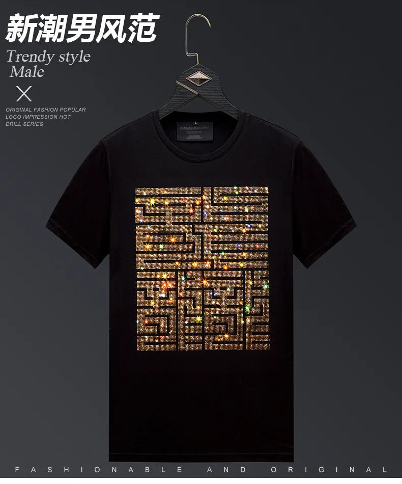 Casual Short Sleeve T Shirts Men Summer Clothes Chinese Characters Rhinestones Fashion Streetwear O Neck Cool Cotton T-shirts