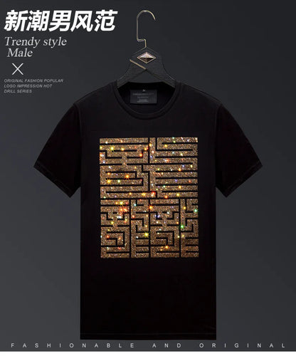 Casual Short Sleeve T Shirts Men Summer Clothes Chinese Characters Rhinestones Fashion Streetwear O Neck Cool Cotton T-shirts