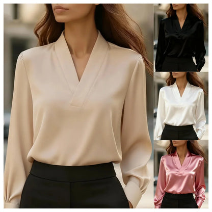 Elegant V-Neck Long Sleeve Blouse for Women Soft Satin Office Chic Top