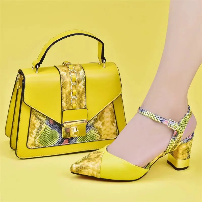 New Design Italian Shoe and Bag Set for Party In Women Ladies Shoes and Sandals Snake Print Heels Wedding Shoes for Women Bride