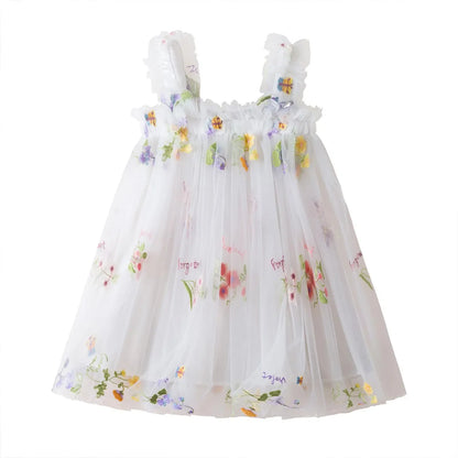 Outdoor Summer Cute Princess Dress Toddler Baby Girls Embroidery Flower Suspender Mesh Dresses Birthday Party Princess Dresses