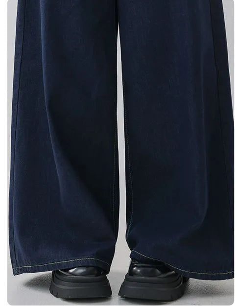 High Waist Straight Leg Loose Fit Denim Jeans Women's Floor Length Lazy Wide Leg Meat Concealing Deep Blue American Style Long P