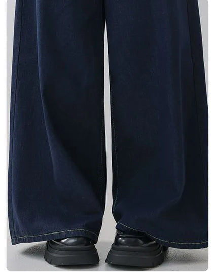 High Waist Straight Leg Loose Fit Denim Jeans Women's Floor Length Lazy Wide Leg Meat Concealing Deep Blue American Style Long P