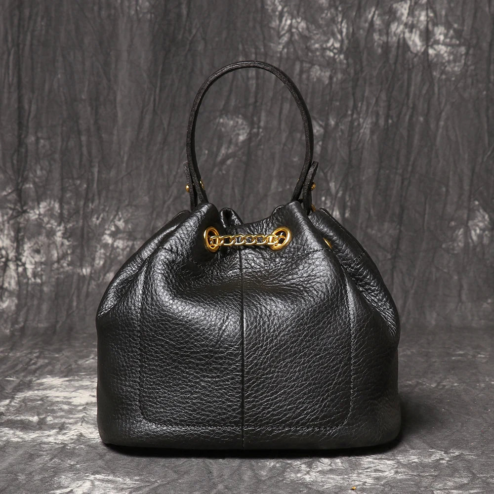 Metal Drawstring Versatile Women's Handbag Genuine Leather Chain Crossbody Bag Vintage Bucket Bag Mobile Phone Bag