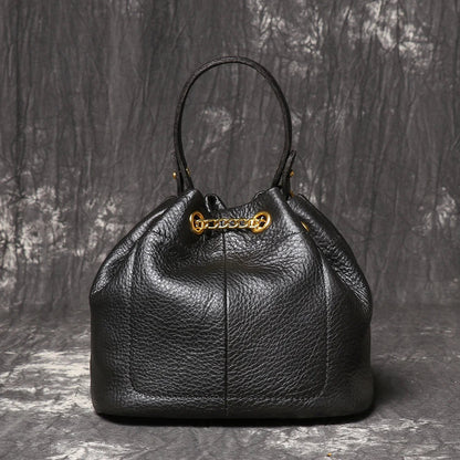 Metal Drawstring Versatile Women's Handbag Genuine Leather Chain Crossbody Bag Vintage Bucket Bag Mobile Phone Bag