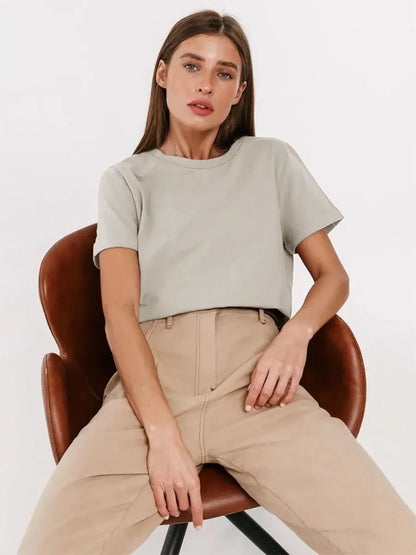 Summer 100% Cotton Women's T-shirt Bottoming Basic Fashionable Solid Lady Short Sleeve Loose Tops Shirts 230g/㎡ Tops
