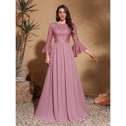 Round neck, sequined trumpet sleeves, spliced chiffon hem, elegant retro dress