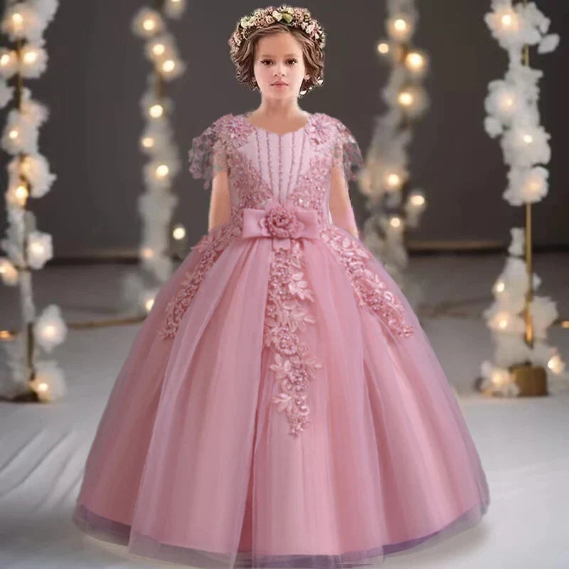 Lace up Tulle Flower Girl Dress Chest with flowers First Communion Ball Gown Wedding Party Bridesmaid Dress Kids 12Y