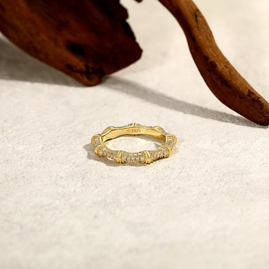 Sparkling Moissanite Ring Bamboo Design 925 Sterling Silver Women Rings Peace Good Luck for Birthday Party Gift Jewelry