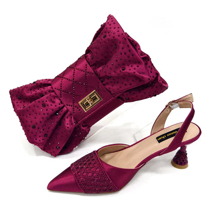 Fashion Brown Color Women's Party Shoes and Bag Set With Elegant Diamond Butterfly Design - Stylish and Chic