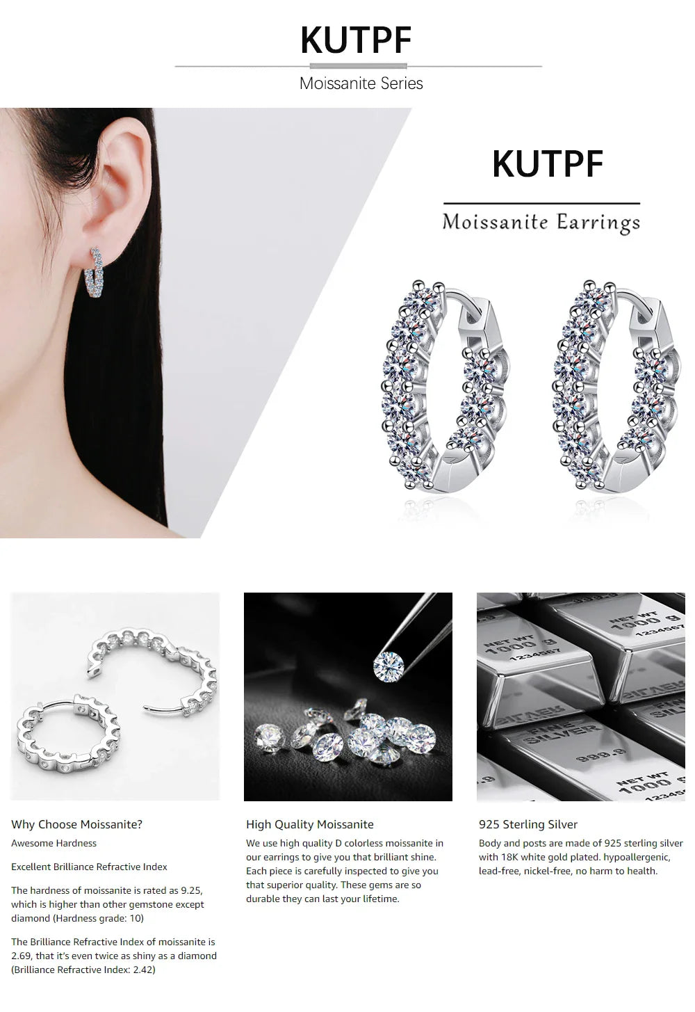 1.8CT D Color Moissanite Diamond Hoop Earrings S925 Sterling Silve Plated 18k Gold Huggie Earring for Women Fine Jewelry Gifts