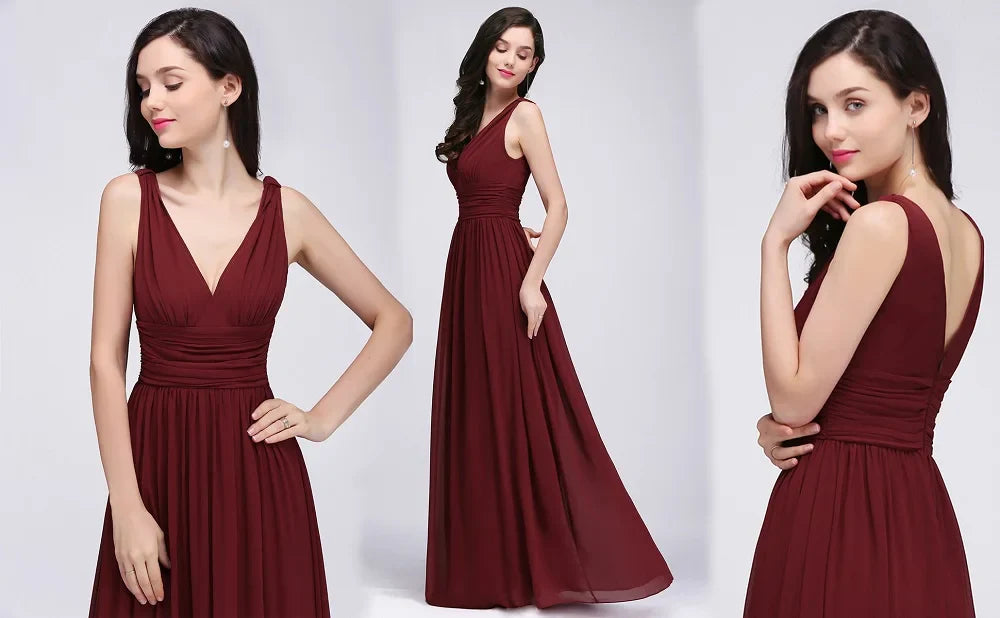 Elegant Burgundy V Neck Long Evening Dresses Summer Sleeveless Chiffon Ruched Formal Wedding Party Prom Gowns Vestido De Fiesta