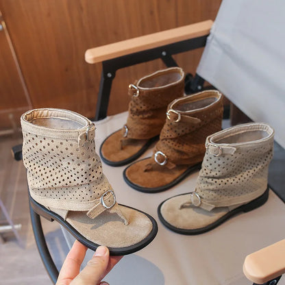 Ankle-strap Summer Slouchy Boots for Girls Suede Leather High-top Sandals Princess Cut-outs Flip Flop Dress Shoes Child J03203