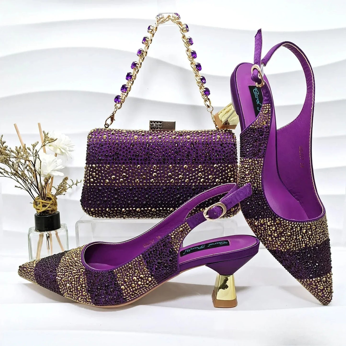 Fashion Nigerian Women Heel Party Ladies Italian Design Green Shoes And Bag Set Decorated with Rhinestone Handbag Wedding Party