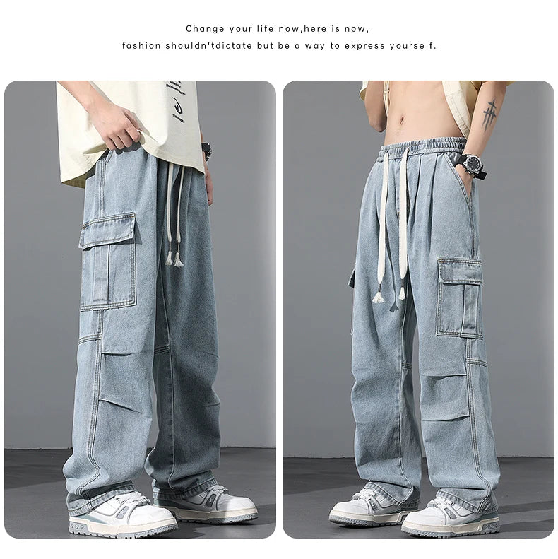 Large Pocket Baggy Solid Jeans Men's 2026 New Spring Classic Straight Denim Trousers Street Y2K Elastic Waist Casual Cargo Pants